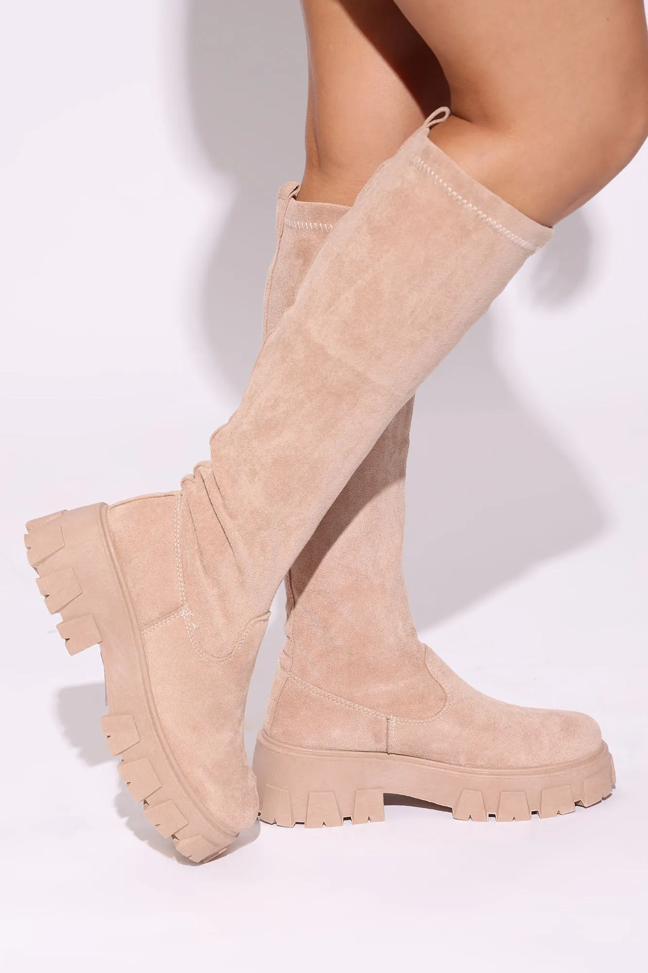 Across The Block Knee High Boots  - Nude