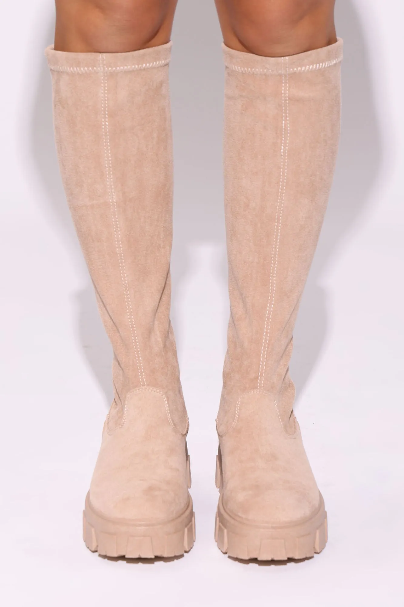 Across The Block Knee High Boots  - Nude