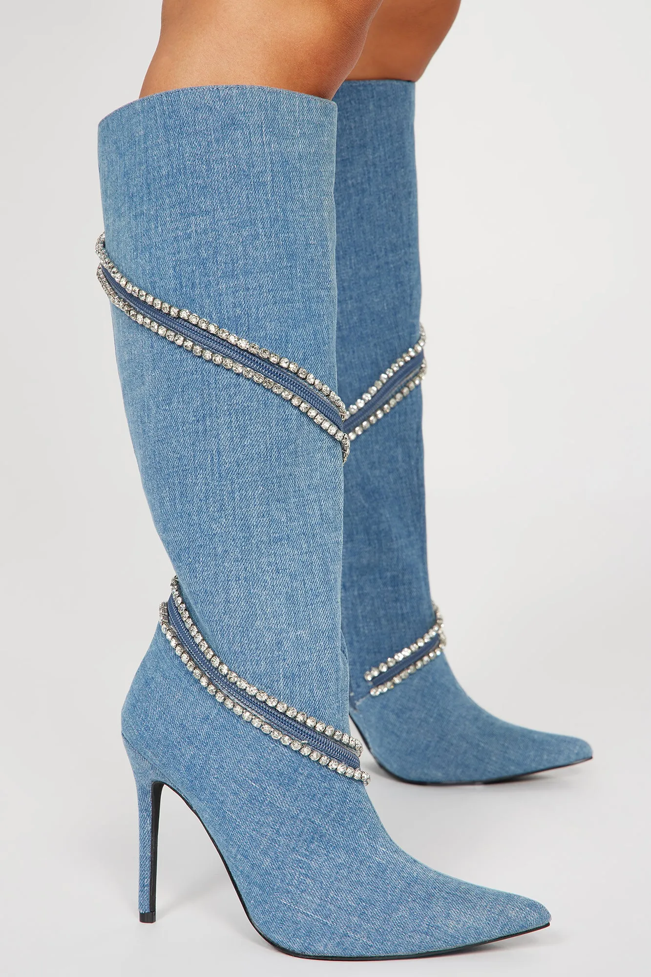 Alessia Embellished Knee High Boots - Denim