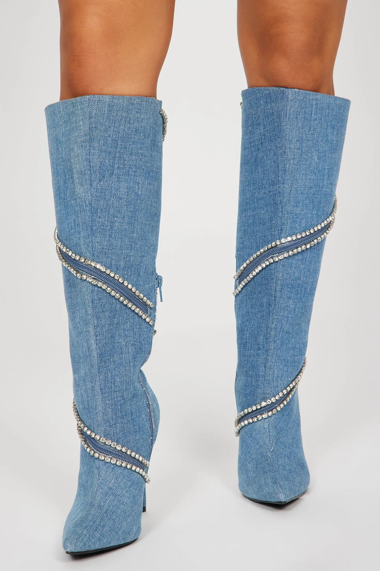 Alessia Embellished Knee High Boots - Denim