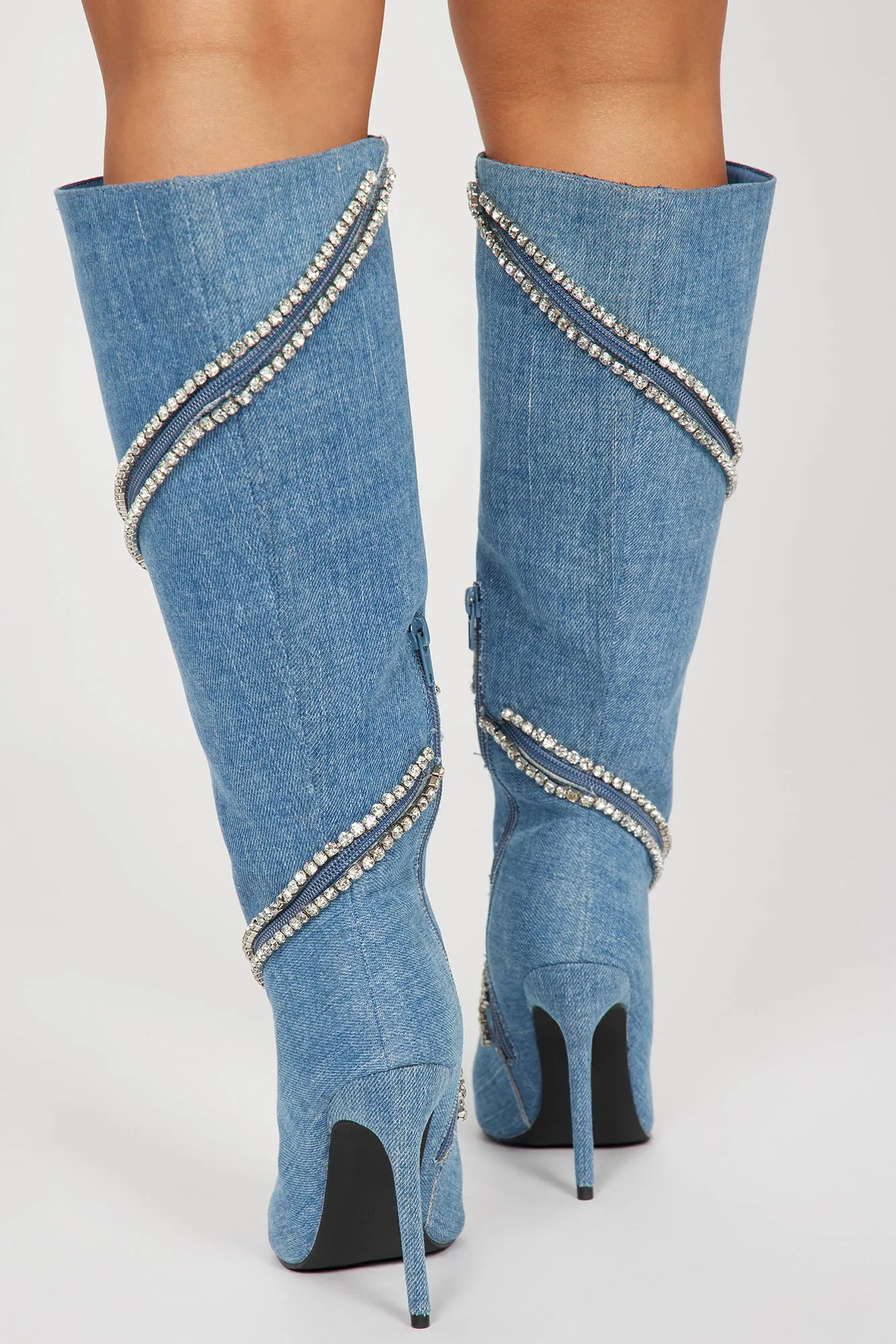 Alessia Embellished Knee High Boots - Denim