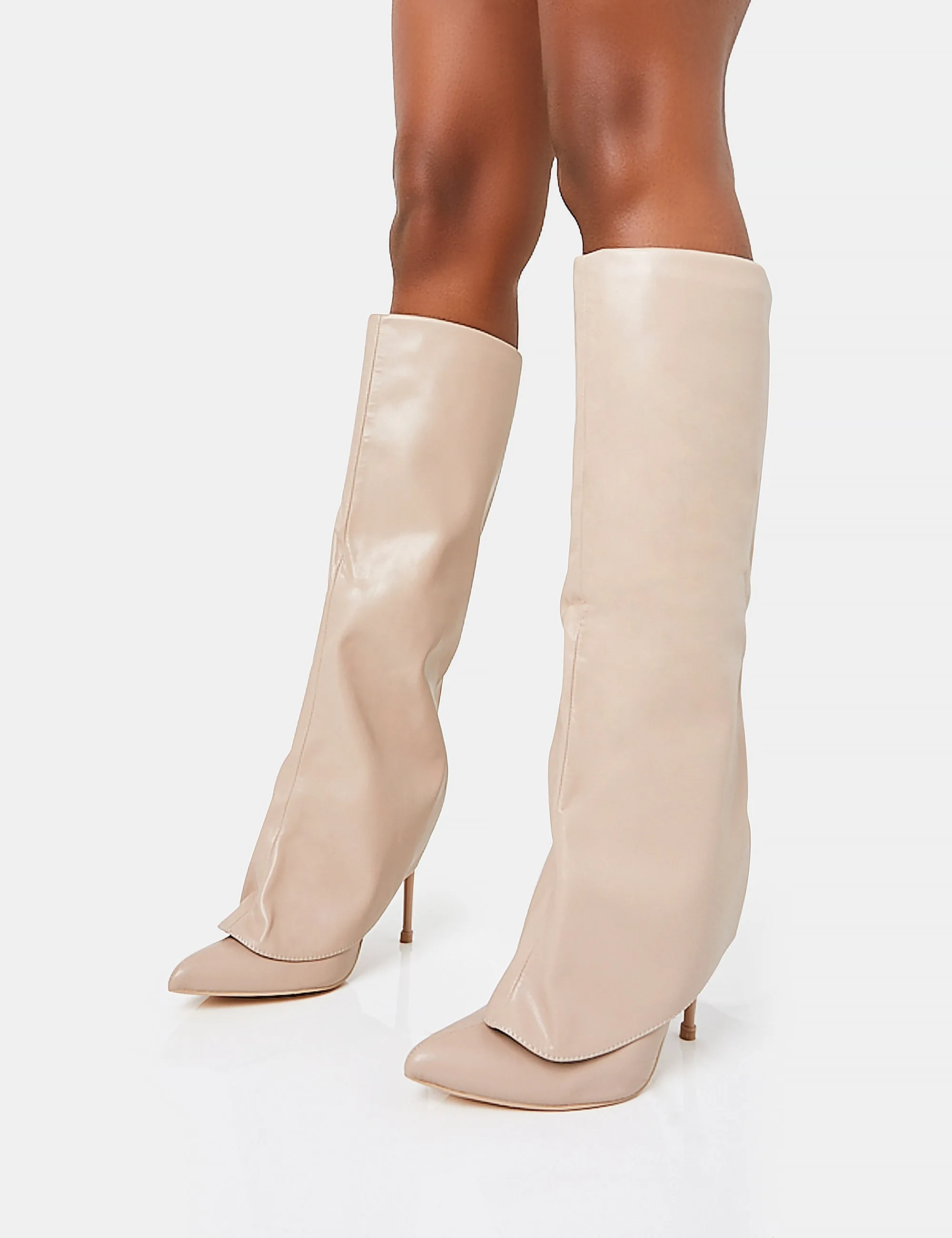 All Yours Nude Pu Fold Over Pointed Toe Stiletto Knee High Boots