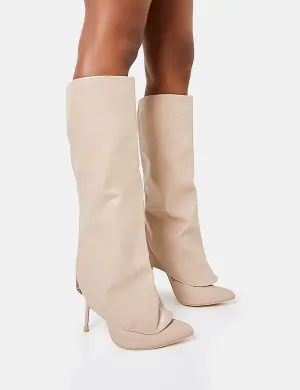 All Yours Nude Pu Fold Over Pointed Toe Stiletto Knee High Boots