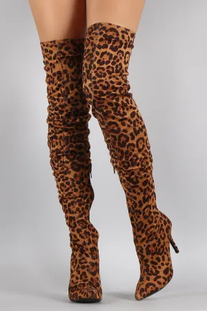 Anne Michelle Leopard Slouchy Pointy Toe Over-The-Knee Stiletto Boots