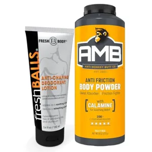 Anti-Monkey Butt Powder AMB, 8oz Anti-chafing Powder and Fresh Balls Lotion, 3.4oz, Men's Lotion to Powder Ball Deodorant - No Sweat Bundle, Hygiene for Groin Area