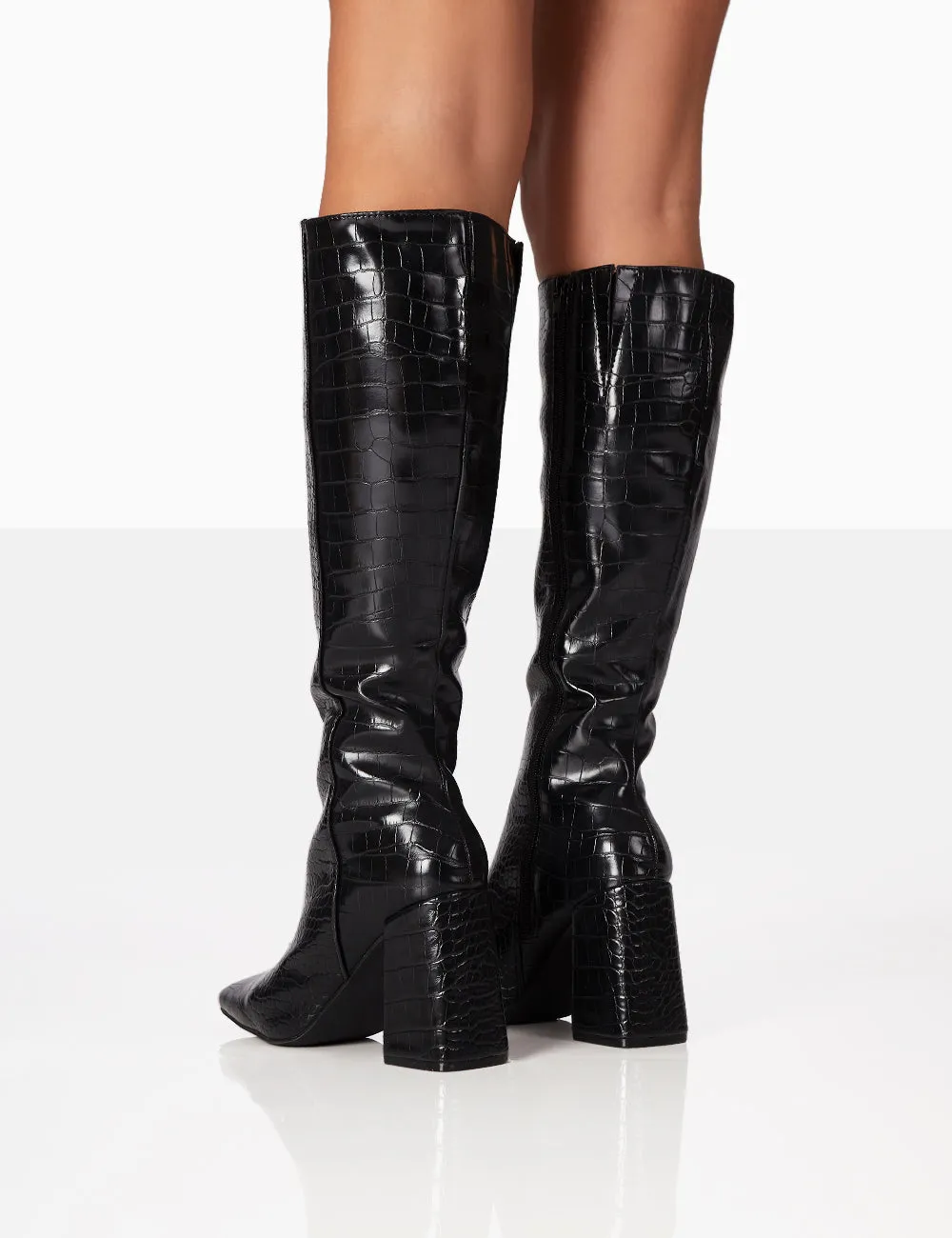 Apology Black Patent Croc Knee High Block Heel Boots