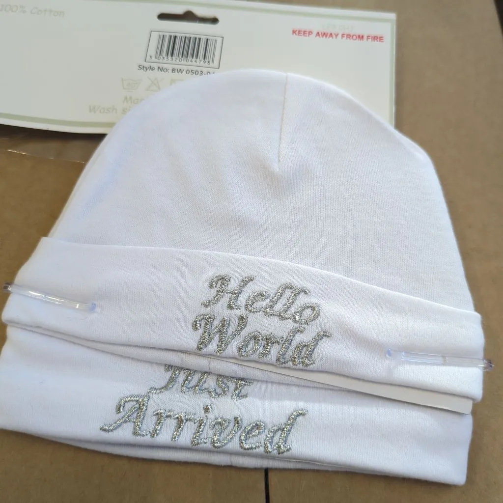 Baby Hats 2 Pack - 'Just arrived' & 'Hello World'