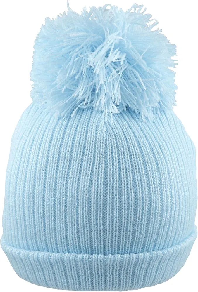 Baby Knit Pompom Hat 0-3 Months in Pink, Blue or White