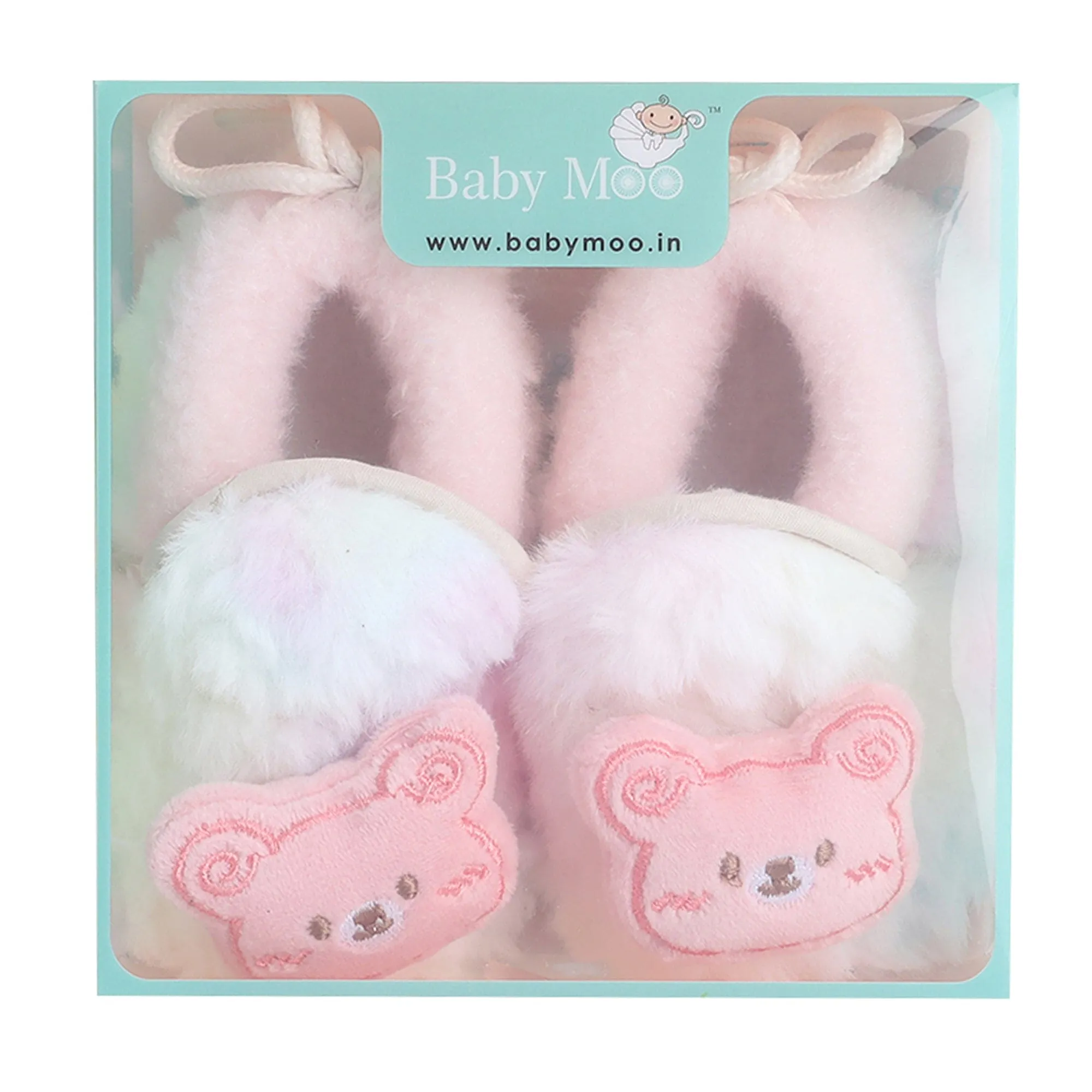 Baby Moo 3D Cute Teddy Soft Slip-On Anti-Skid Plush Warm Booties - Pink