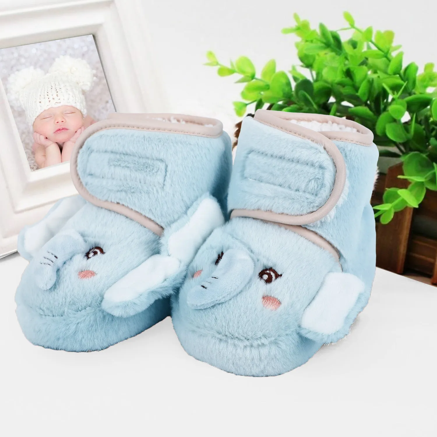 Baby Moo 3D Elephant Cozy Soft Velcro Furry Booties - Sky Blue