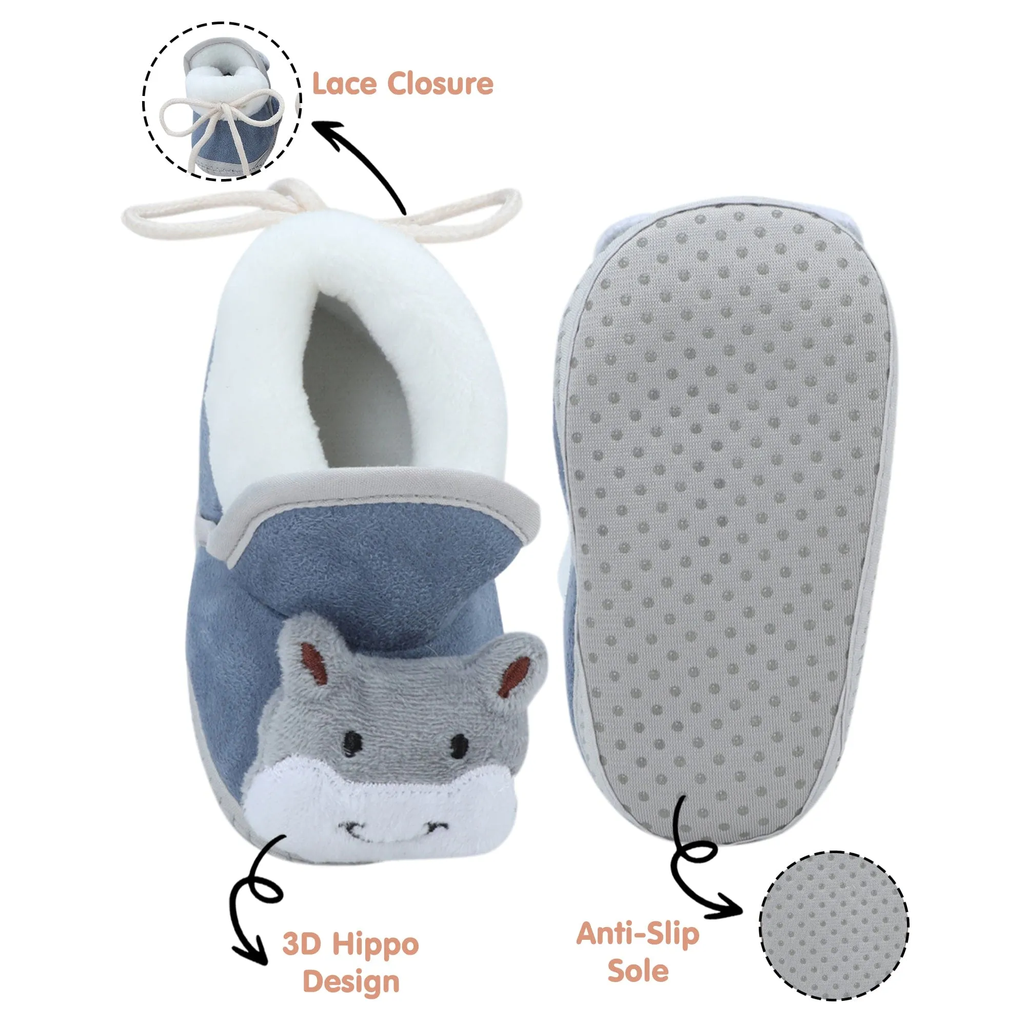 Baby Moo 3D Hippo Soft Slip-On Anti-Skid Plush Warm Booties - Blue