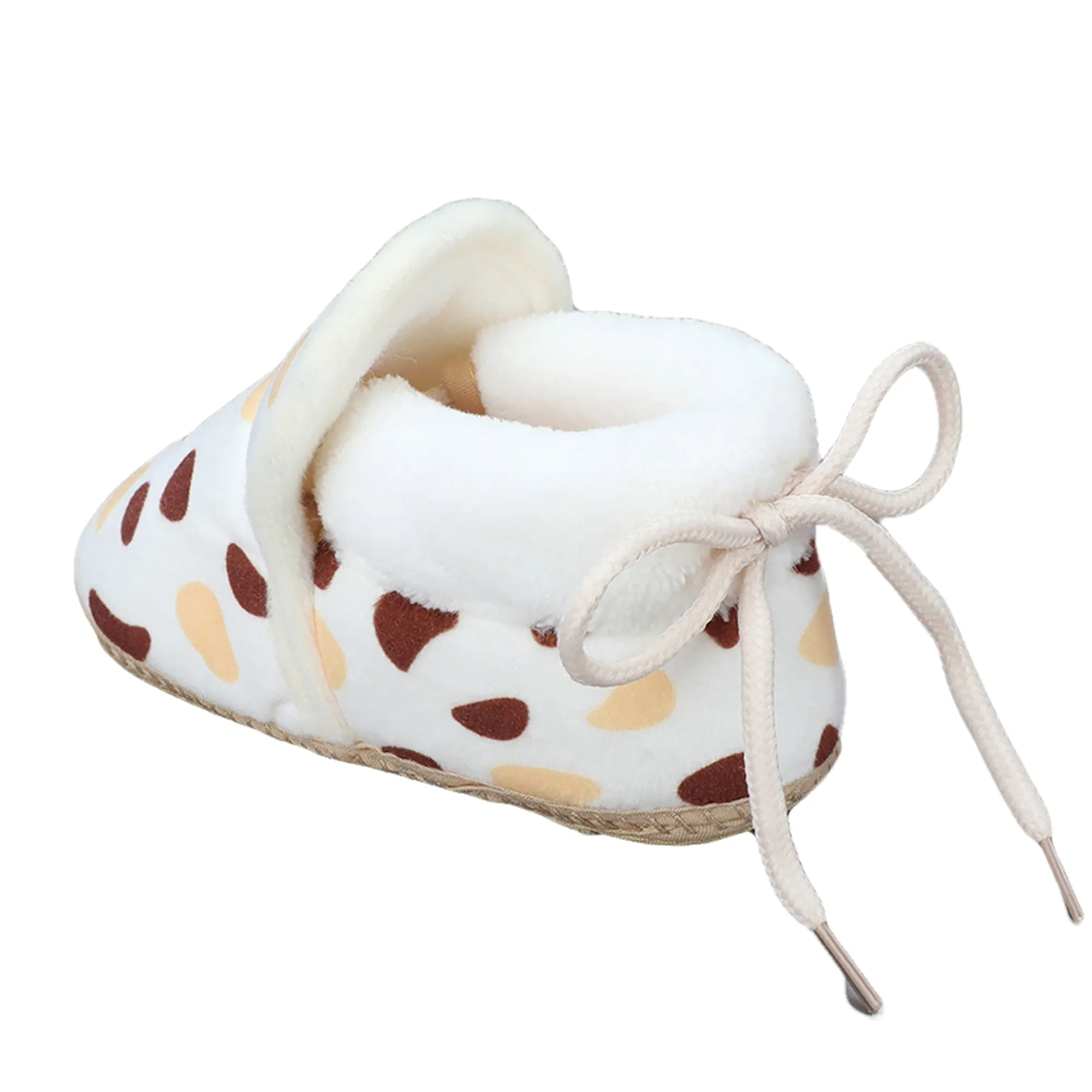 Baby Moo Abstract Spots Soft Slip-On Anti-Skid Plush Warm Booties - Beige