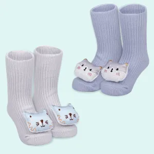 Baby Moo Cat 3D Rattle Anti-Skid Socks Booties Pack of 2 - Blue, Grey