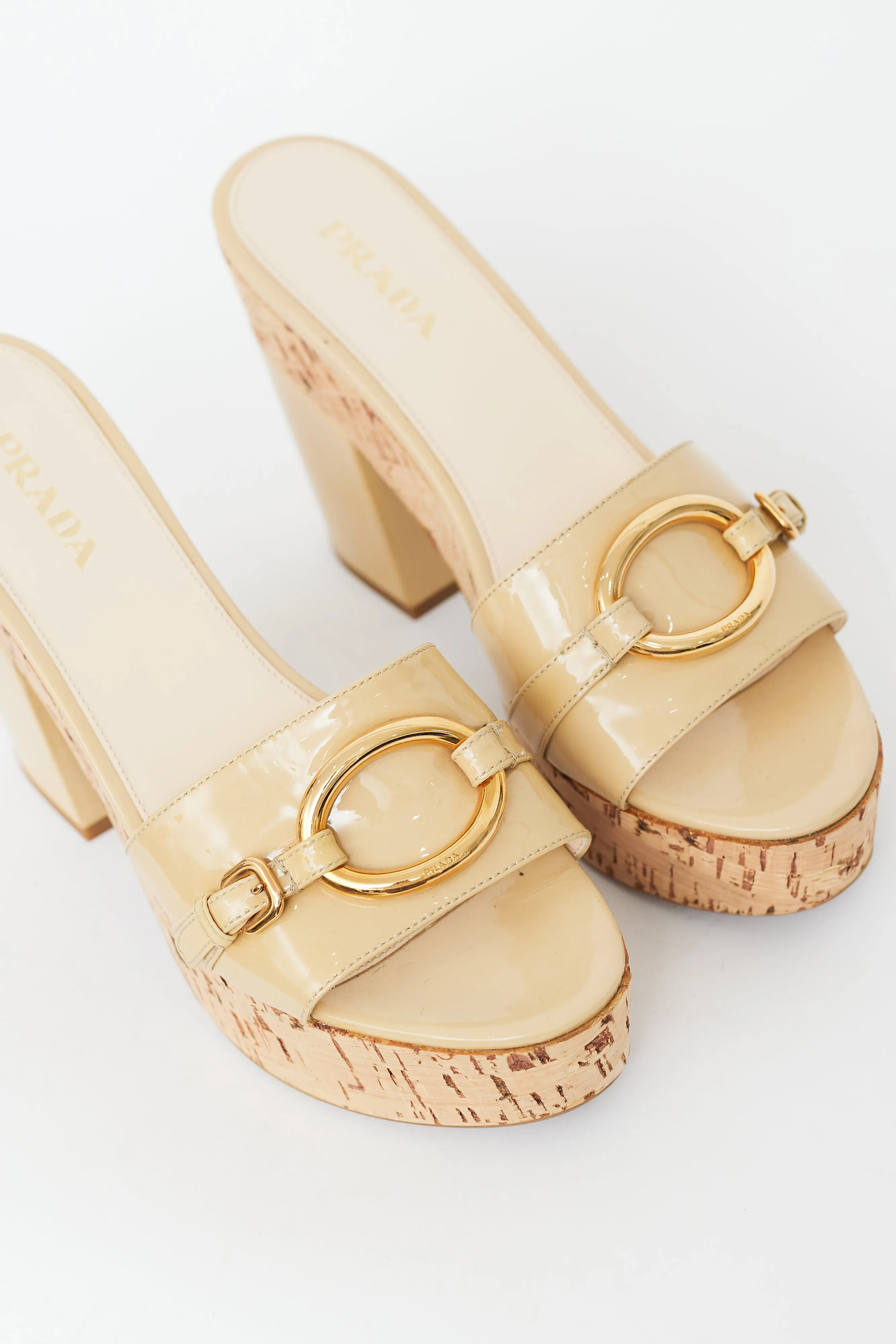 Beige Patent Leather Cork Heeled Sandal