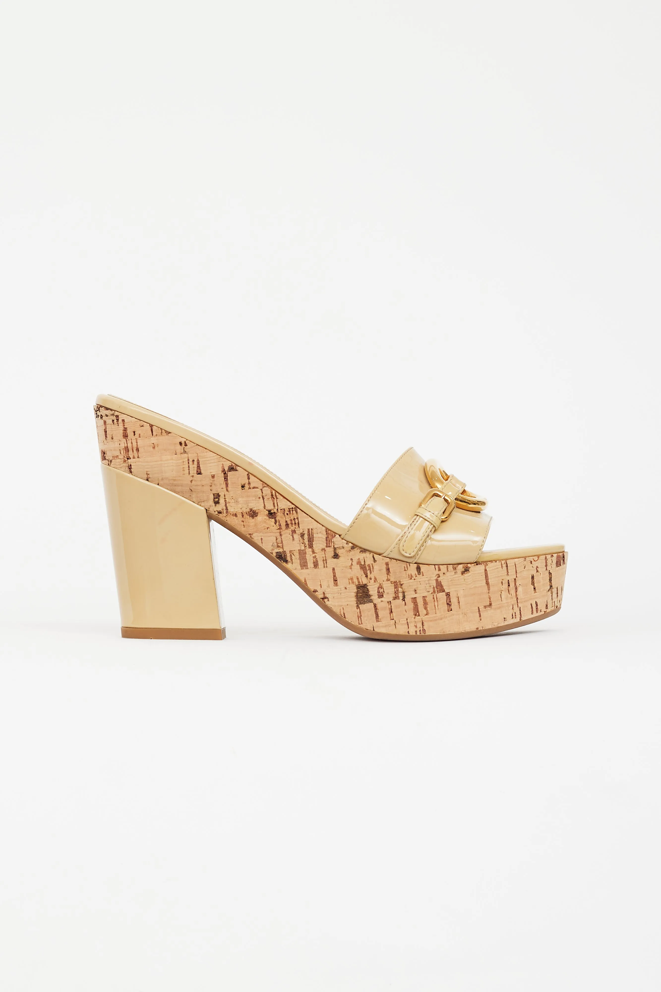 Beige Patent Leather Cork Heeled Sandal