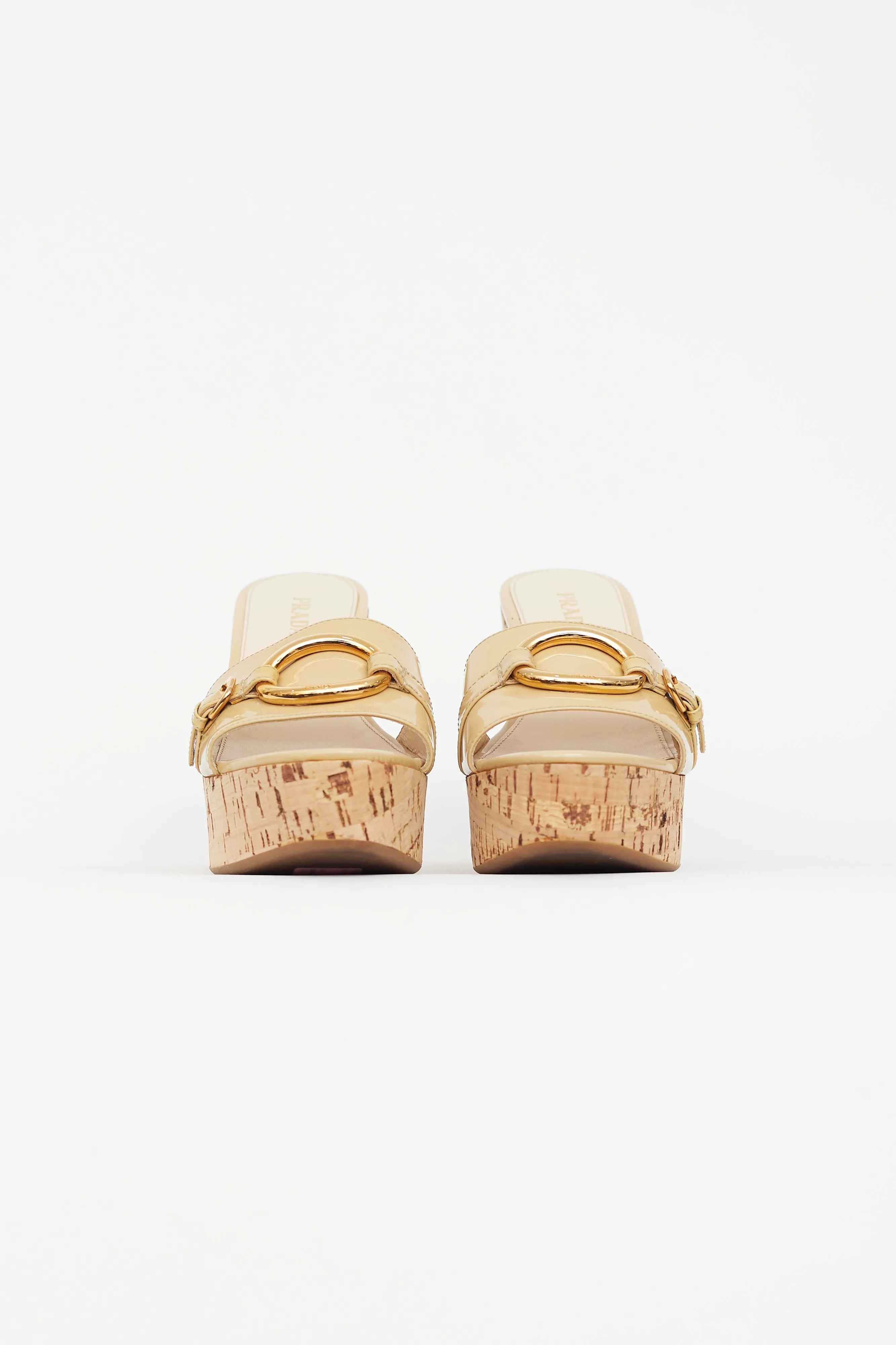 Beige Patent Leather Cork Heeled Sandal