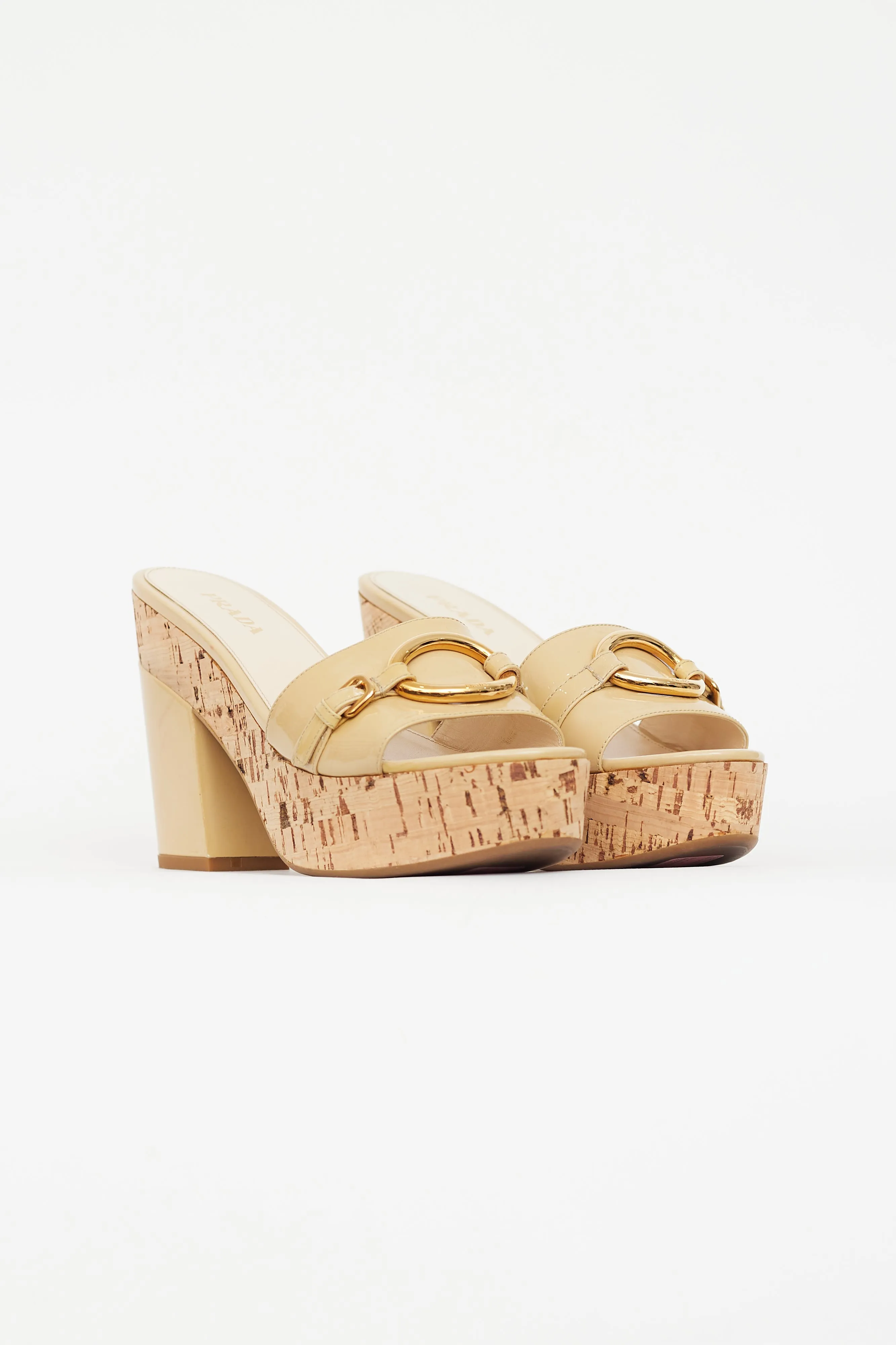 Beige Patent Leather Cork Heeled Sandal