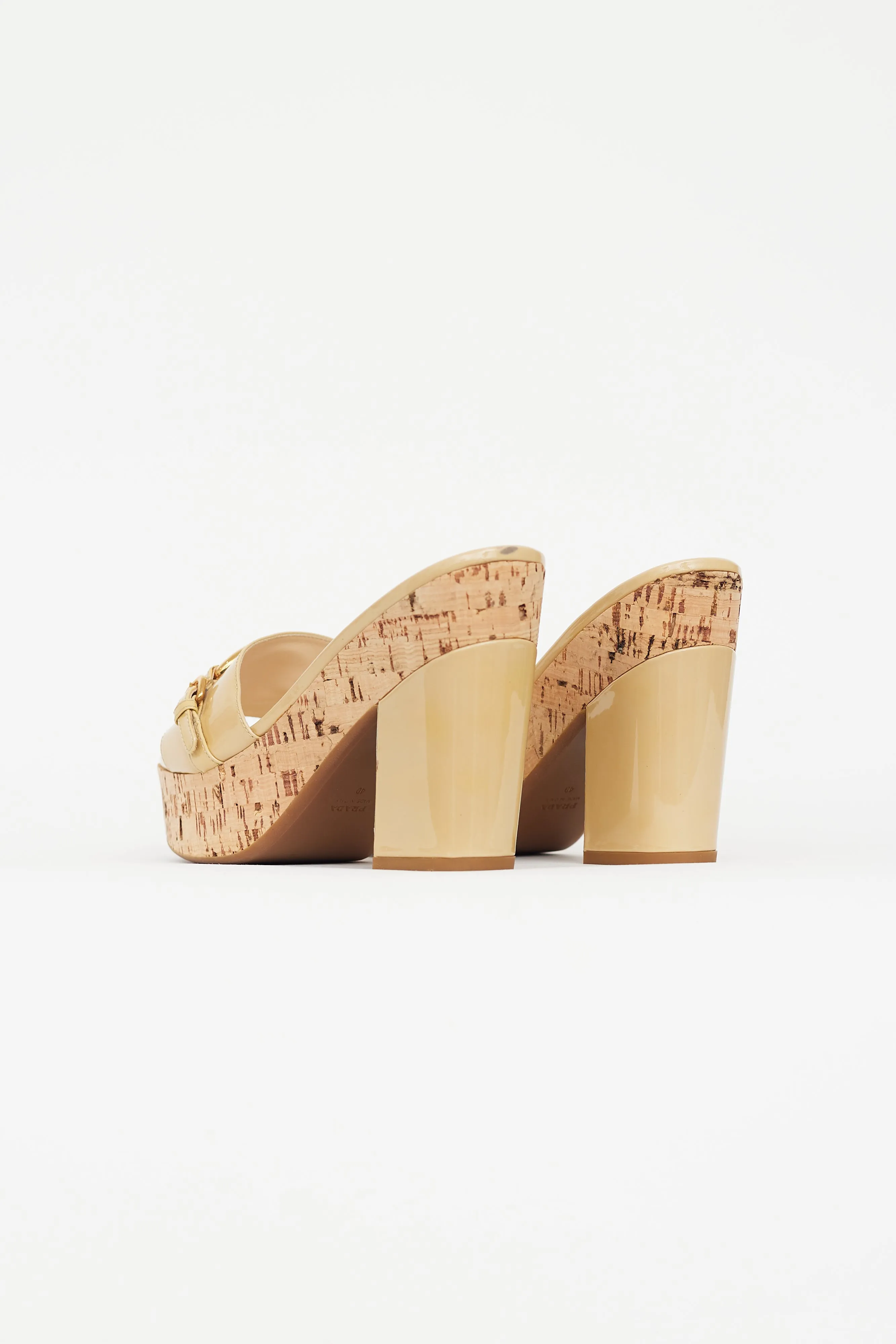 Beige Patent Leather Cork Heeled Sandal