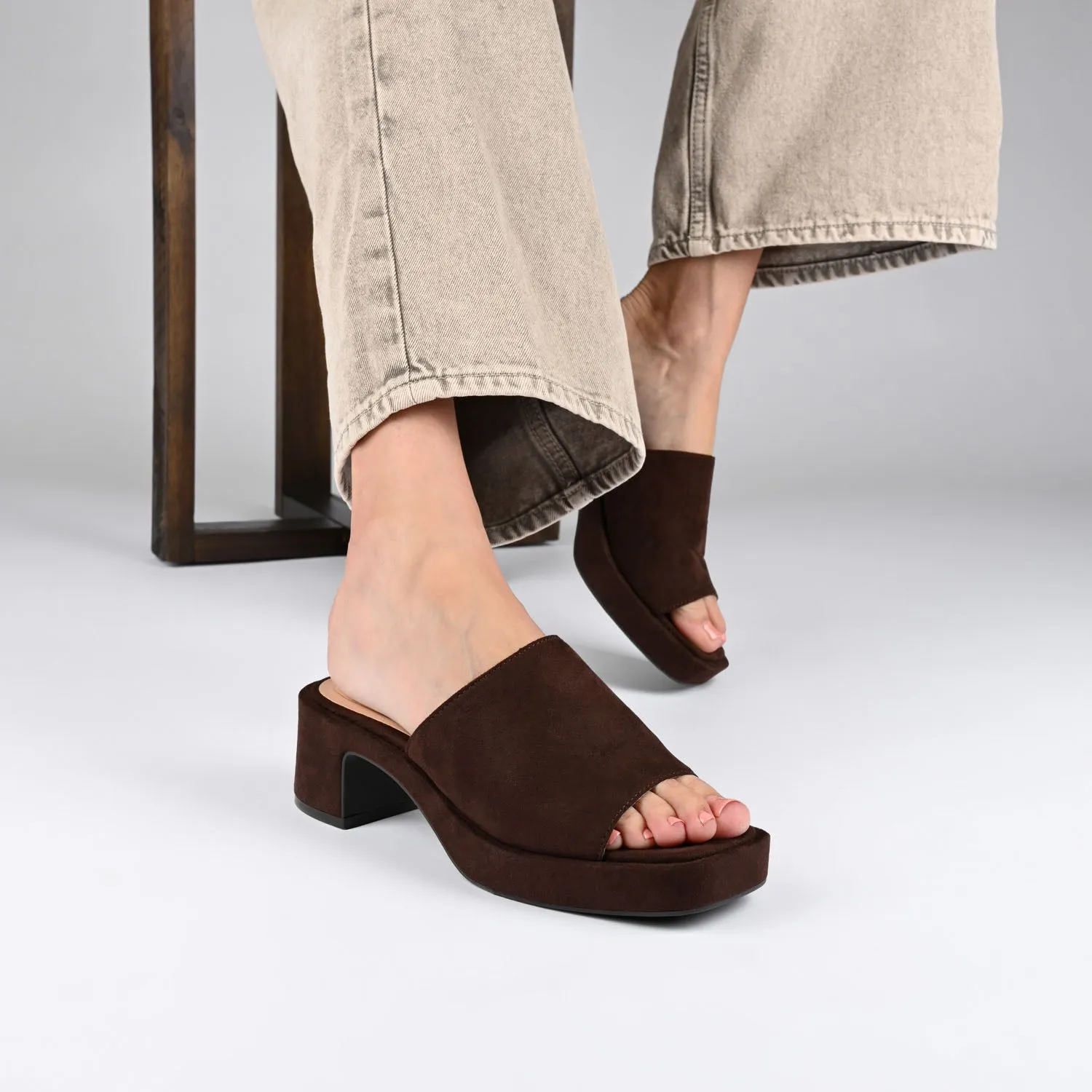 BESSA BLOCK HEELED MULES IN FAUX SUEDE