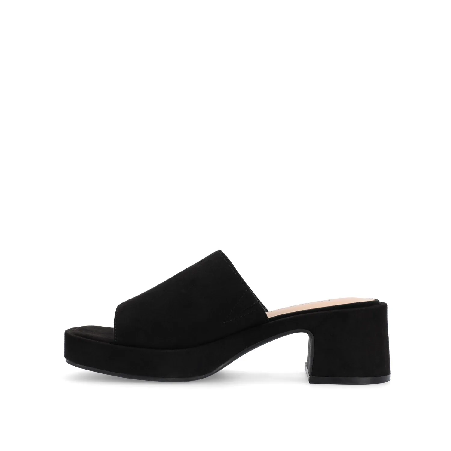 BESSA BLOCK HEELED MULES IN FAUX SUEDE