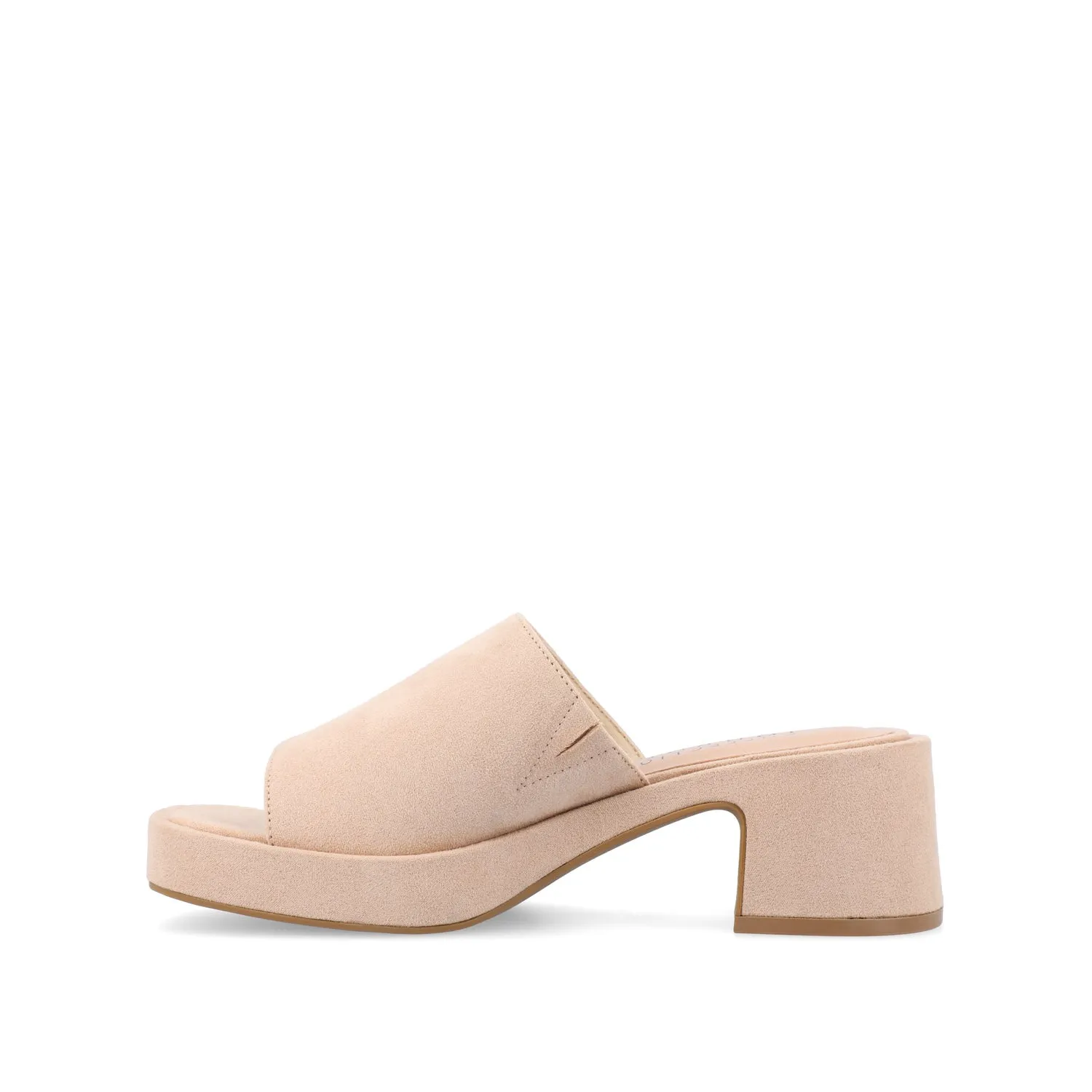 BESSA BLOCK HEELED MULES IN FAUX SUEDE