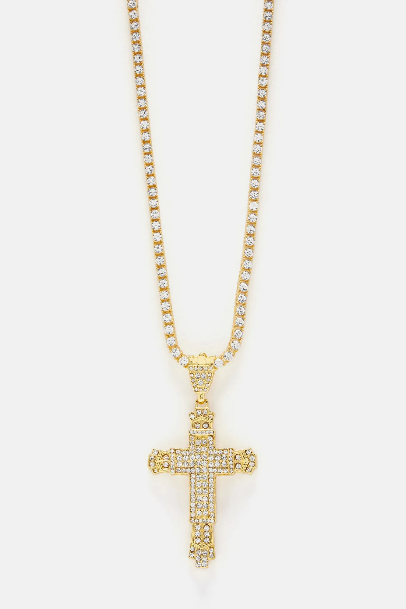 Big Holy Cross Tennis Chain Necklace - Gold