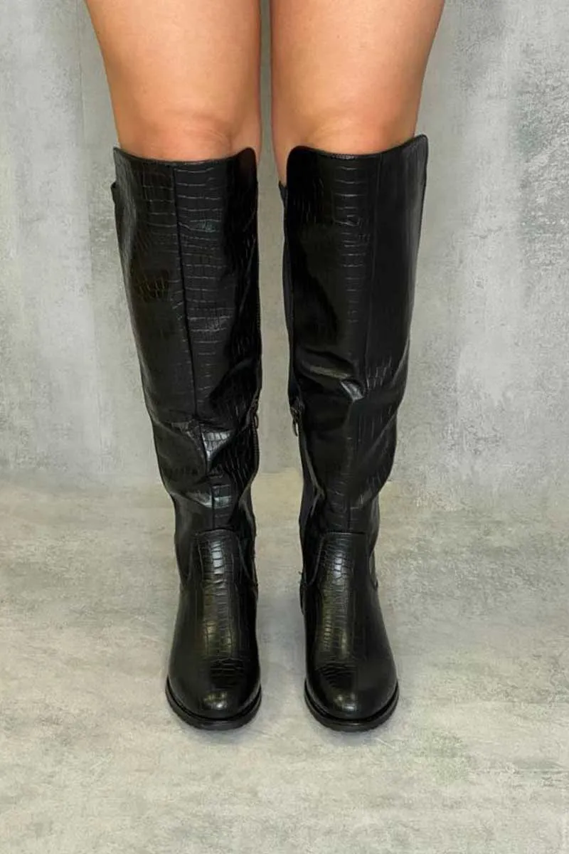 Black Croc Knee High Flat Boots - Reginna