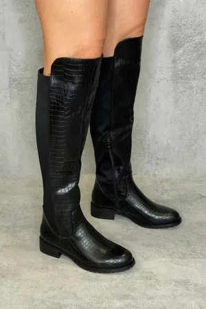 Black Croc Knee High Flat Boots - Reginna