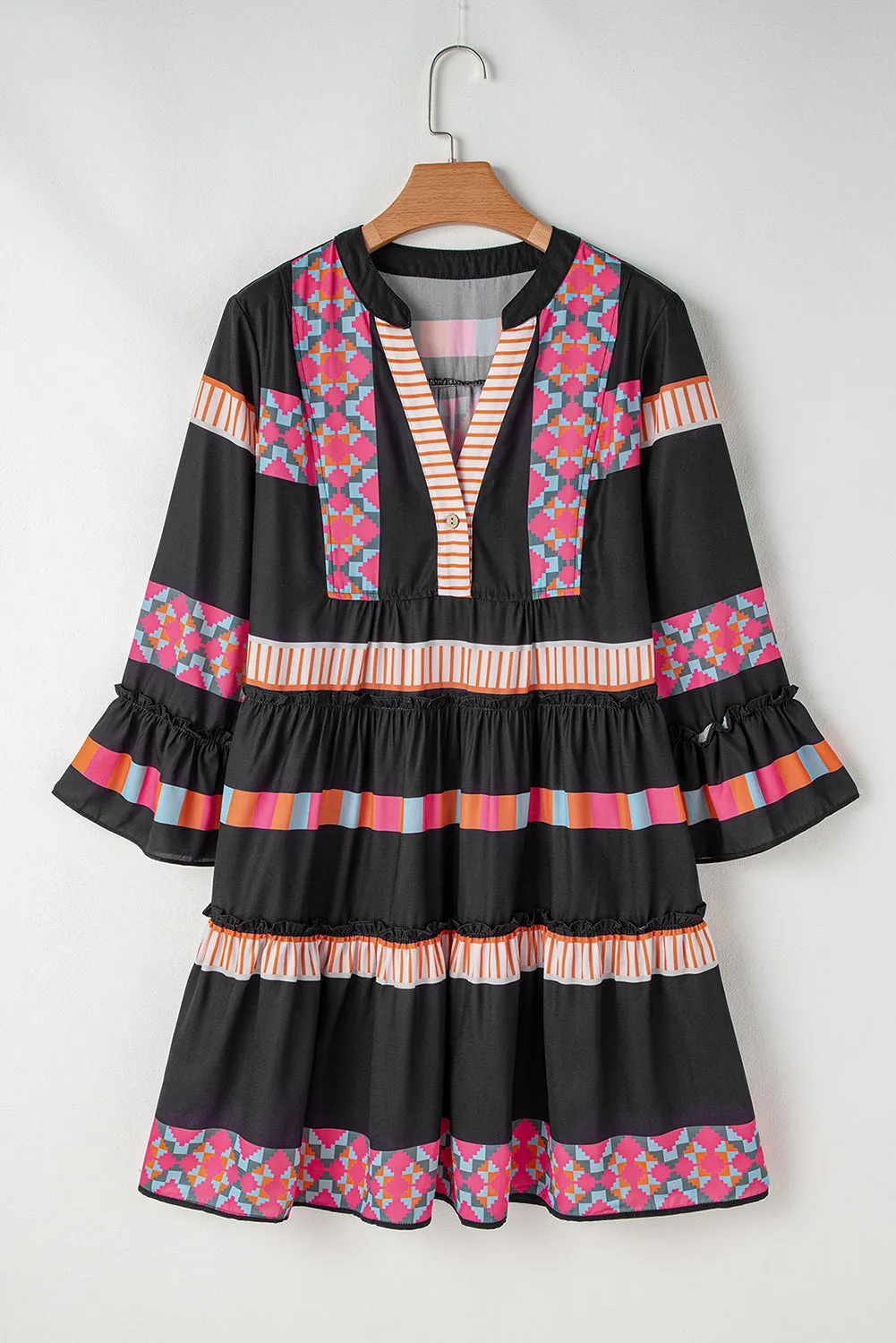 Black Ethnic Print Buttoned V Neck Bell Sleeve Ruffle Patchwork Dress