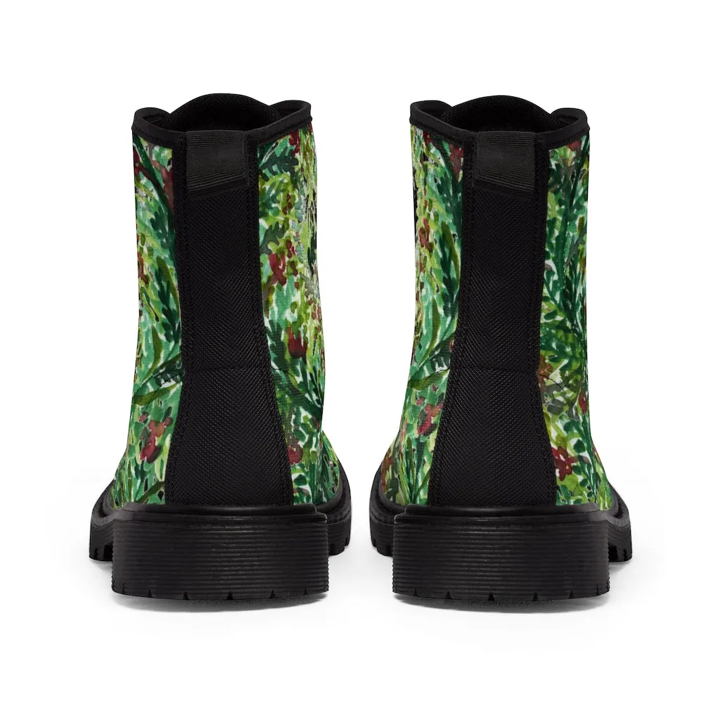 Black Green Floral Women's Boots, Flower Stylish Rose Hiking Combat Boots For Women