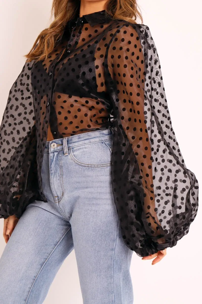 Black Polka Mesh Extreme Bell Sleeve Shirt - Everli