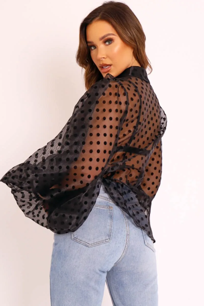 Black Polka Mesh Extreme Bell Sleeve Shirt - Everli