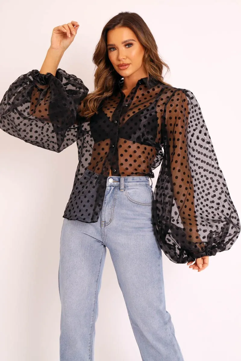 Black Polka Mesh Extreme Bell Sleeve Shirt - Everli