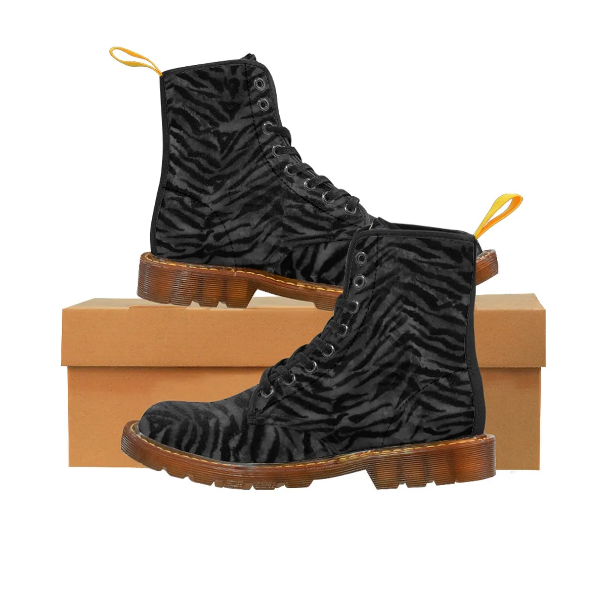 Black Tiger Stripe Women's Boots, Animal Print Winter Lace-up Toe Cap Hiking Boots