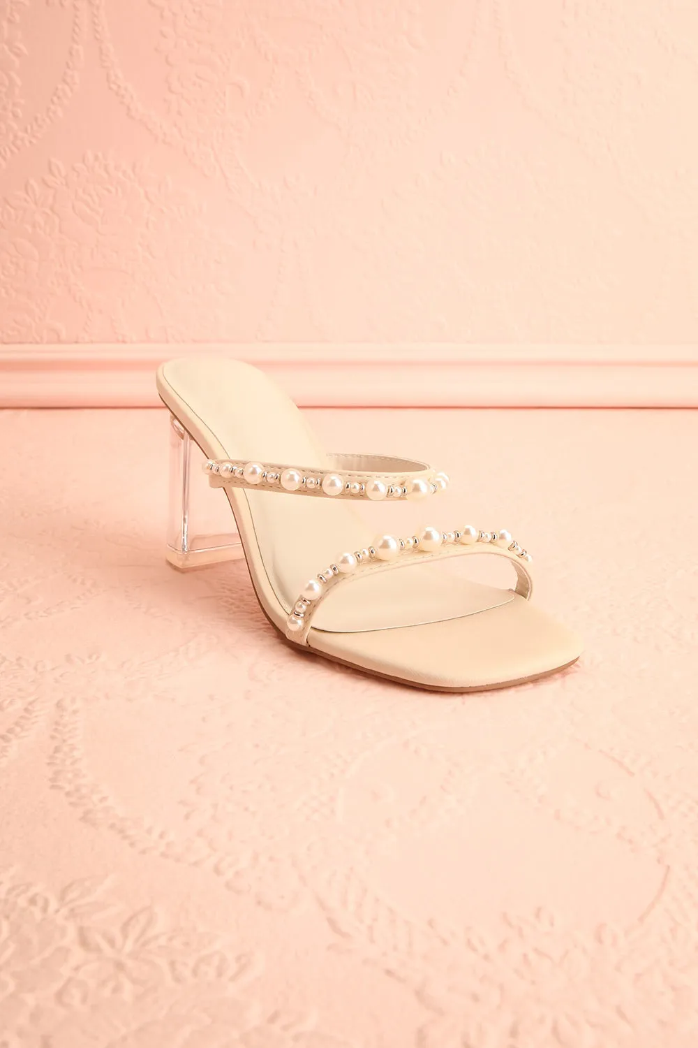 Blondie | Beige Heeled Sandals w/ Pearls