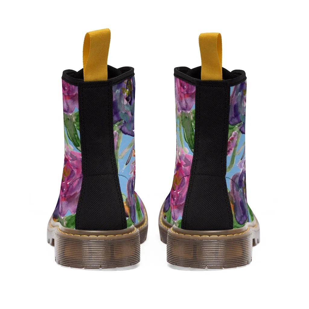 Blue Floral Print Women's Boots, Pink Purple Rose Flower Print Ladies' Hiking Combat Boots