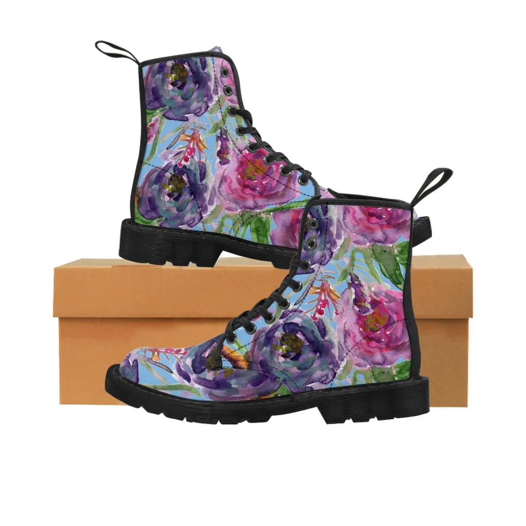 Blue Floral Print Women's Boots, Pink Purple Rose Flower Print Ladies' Hiking Combat Boots