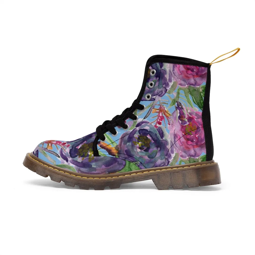 Blue Floral Print Women's Boots, Pink Purple Rose Flower Print Ladies' Hiking Combat Boots