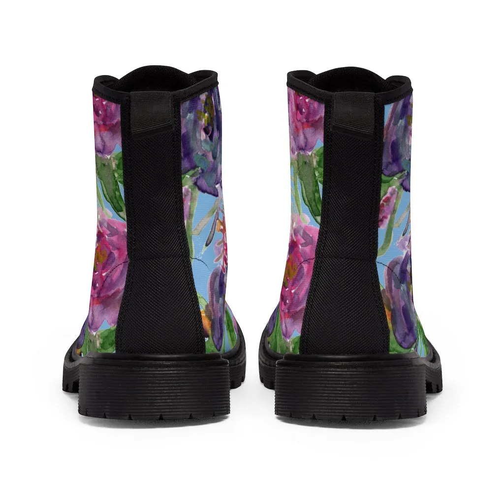 Blue Floral Print Women's Boots, Pink Purple Rose Flower Print Ladies' Hiking Combat Boots