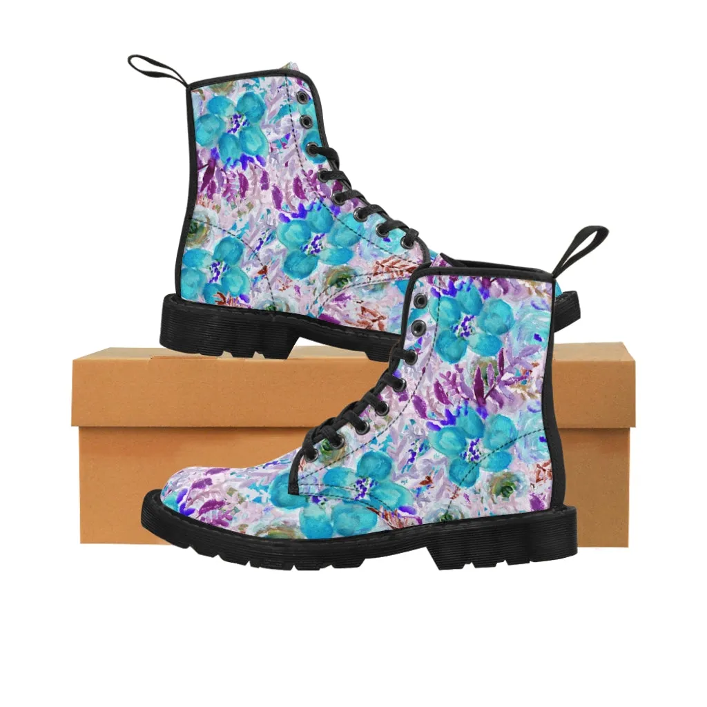 Blue Floral Women's Canvas Boots, Lace-Up Hiking Fashion Combat Boots Shoes(US Size 6.5-11)