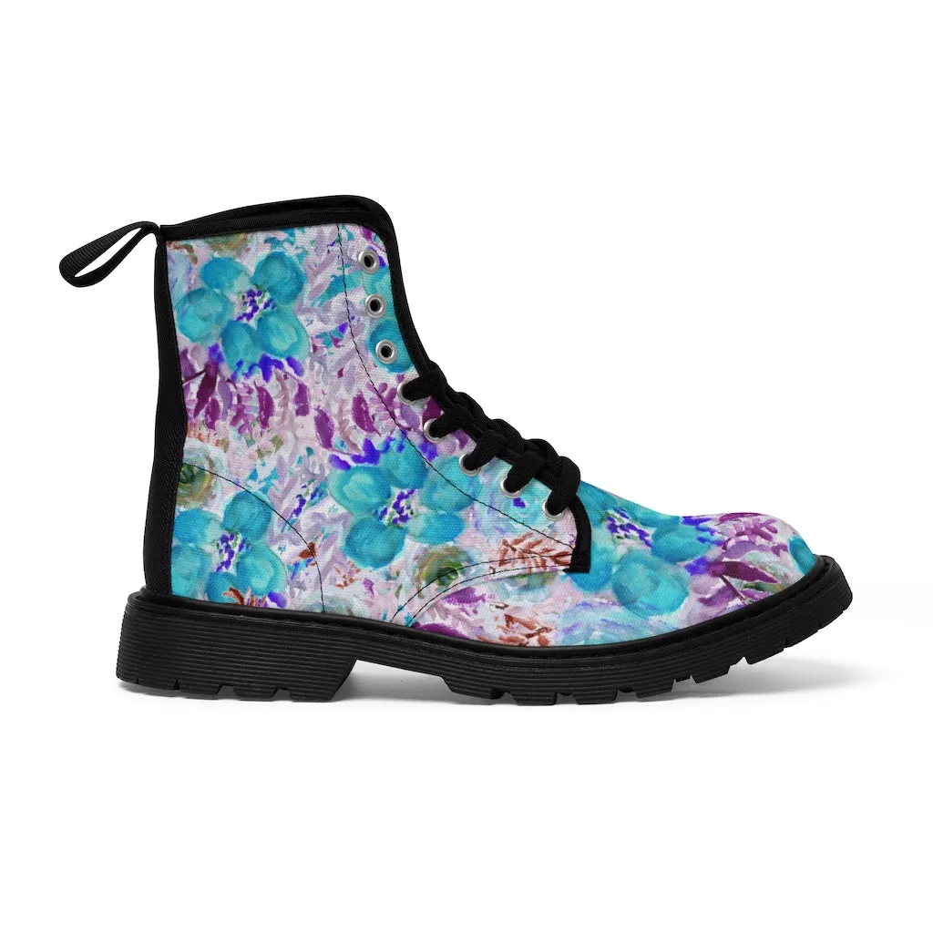 Blue Floral Women's Canvas Boots, Lace-Up Hiking Fashion Combat Boots Shoes(US Size 6.5-11)