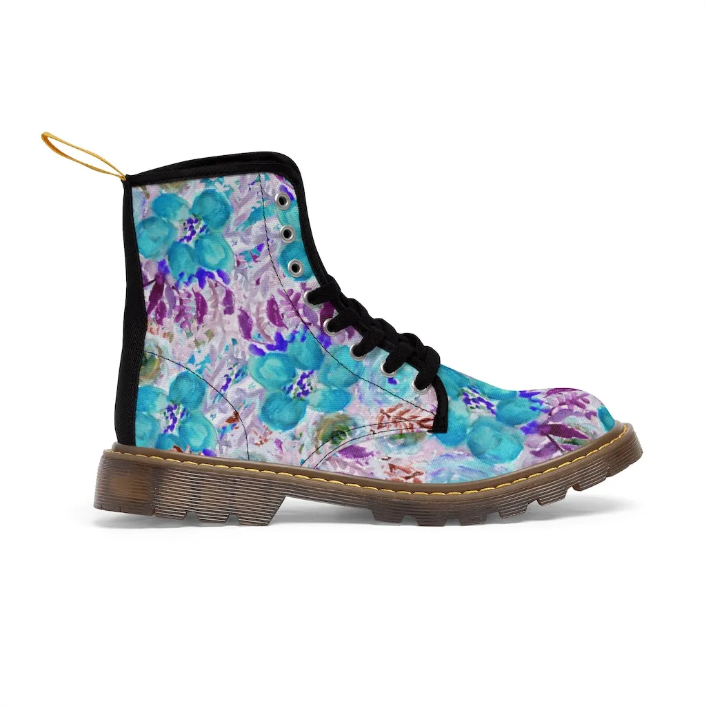 Blue Floral Women's Canvas Boots, Lace-Up Hiking Fashion Combat Boots Shoes(US Size 6.5-11)