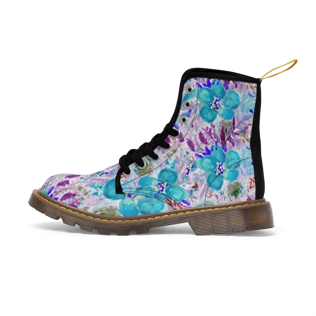 Blue Floral Women's Canvas Boots, Lace-Up Hiking Fashion Combat Boots Shoes(US Size 6.5-11)