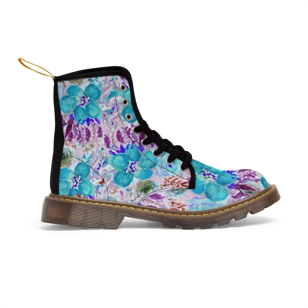 Blue Floral Women's Canvas Boots, Lace-Up Hiking Fashion Combat Boots Shoes(US Size 6.5-11)