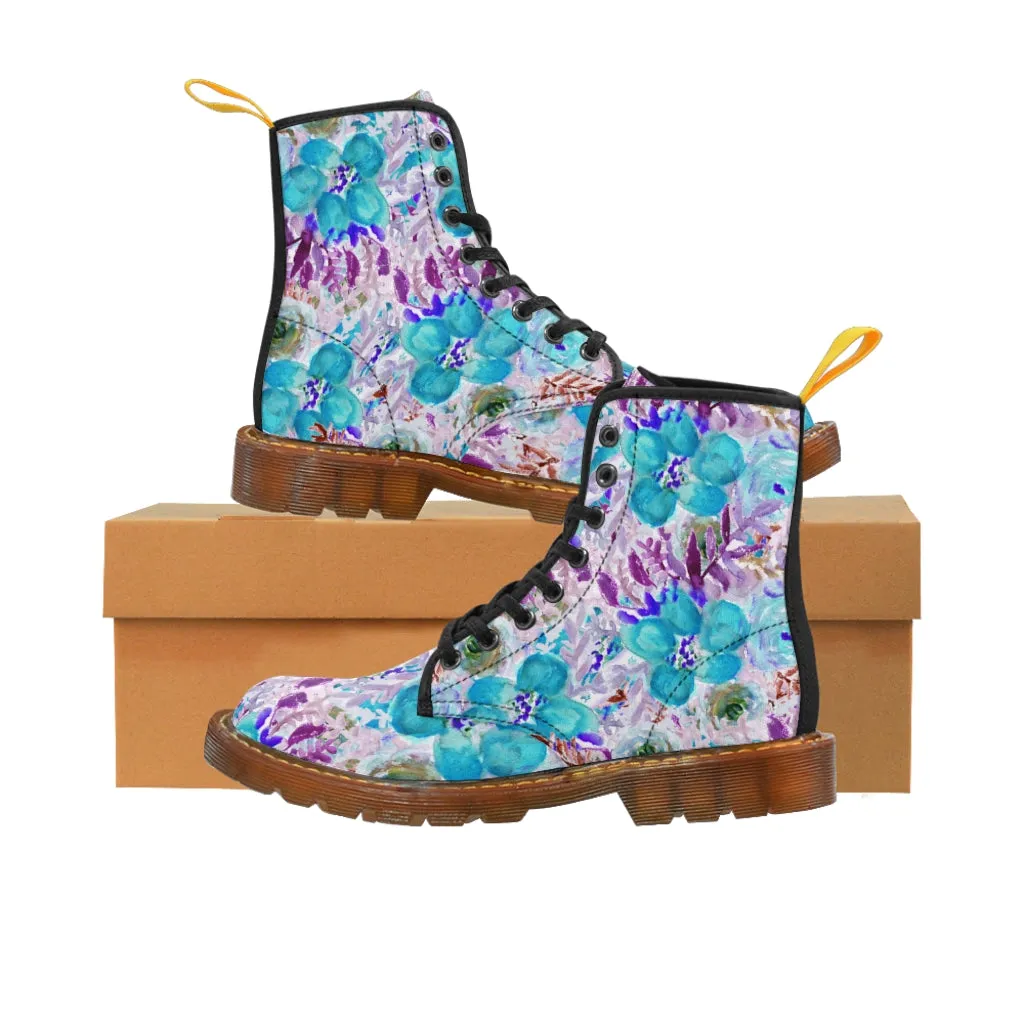 Blue Floral Women's Canvas Boots, Lace-Up Hiking Fashion Combat Boots Shoes(US Size 6.5-11)