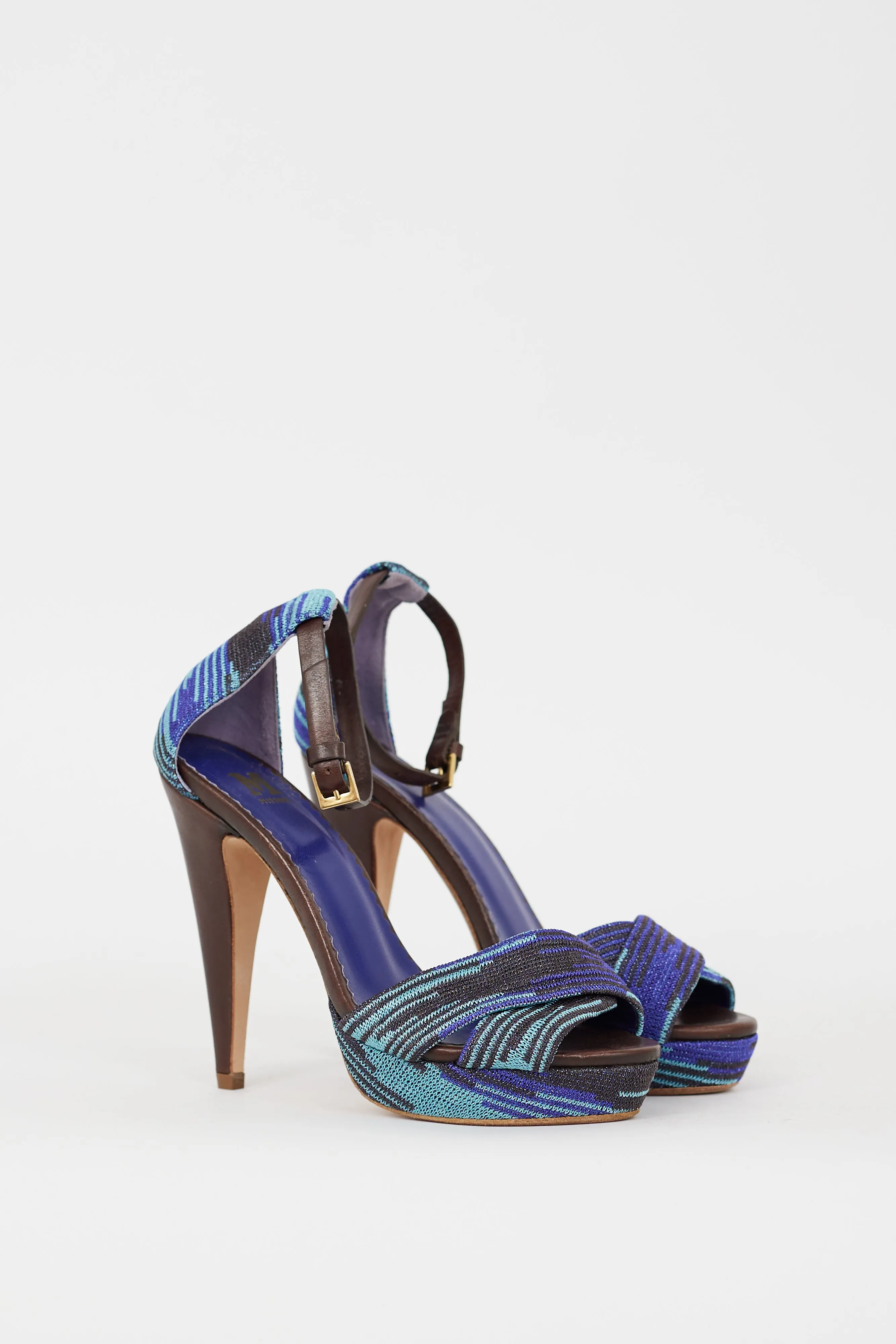 Blue Metallic Knit Strappy Heeled Sandal