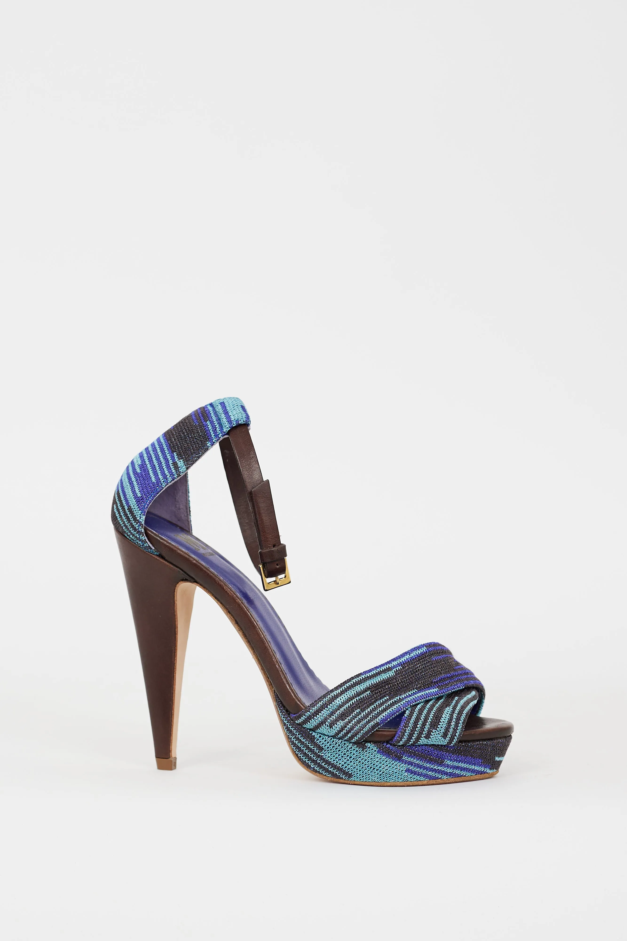 Blue Metallic Knit Strappy Heeled Sandal