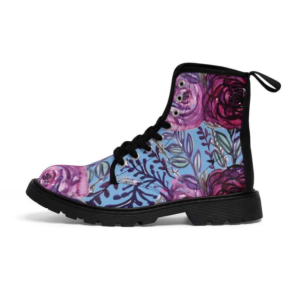 Blue Purple Floral Women's Boots, Vintage Style Designer Flower Print Hiking Boots For Ladies