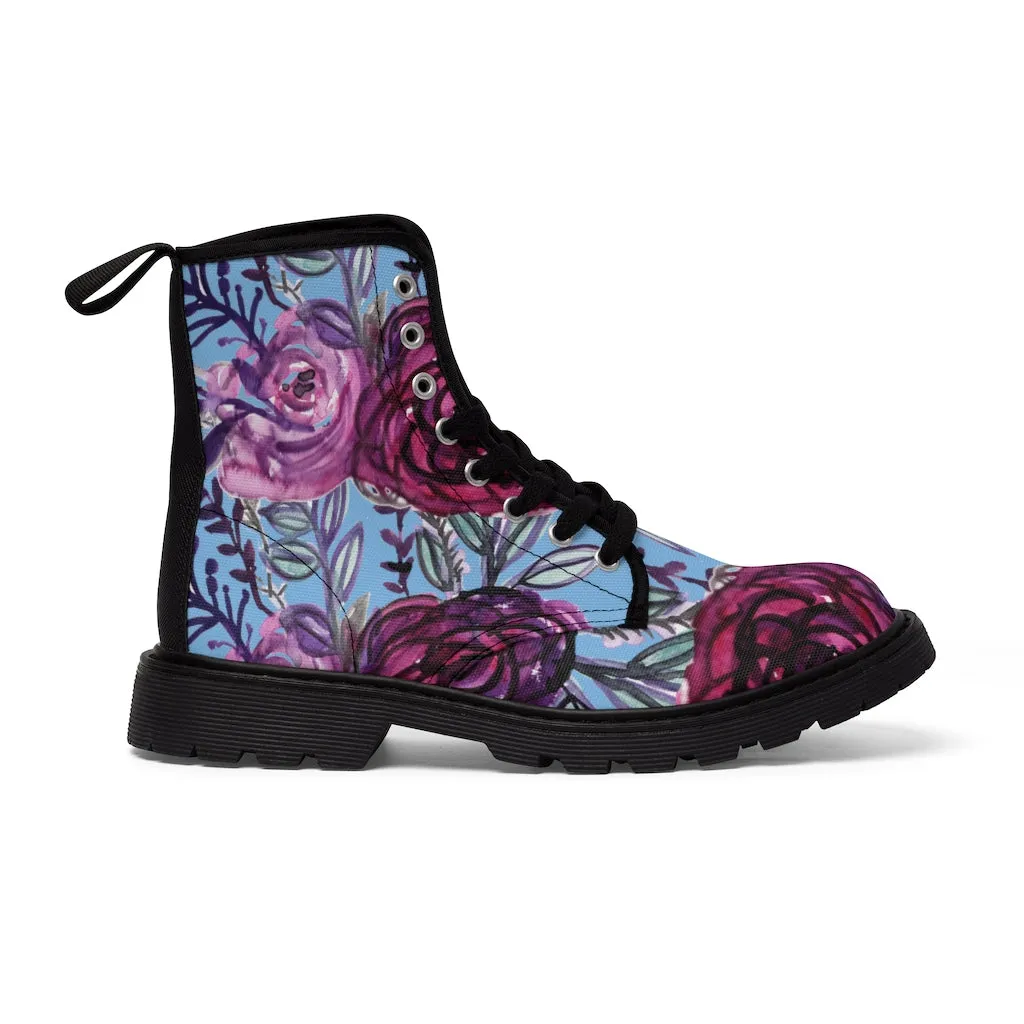 Blue Purple Floral Women's Boots, Vintage Style Designer Flower Print Hiking Boots For Ladies