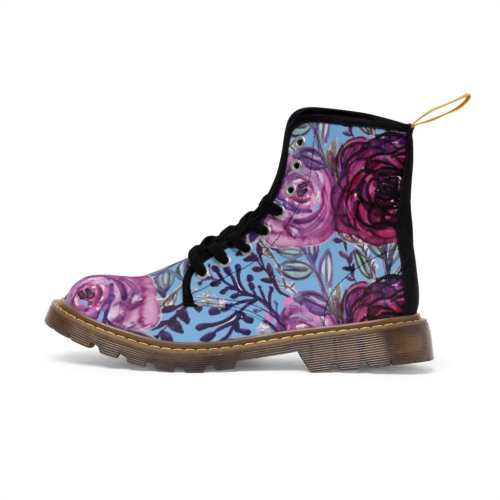 Blue Purple Floral Women's Boots, Vintage Style Designer Flower Print Hiking Boots For Ladies